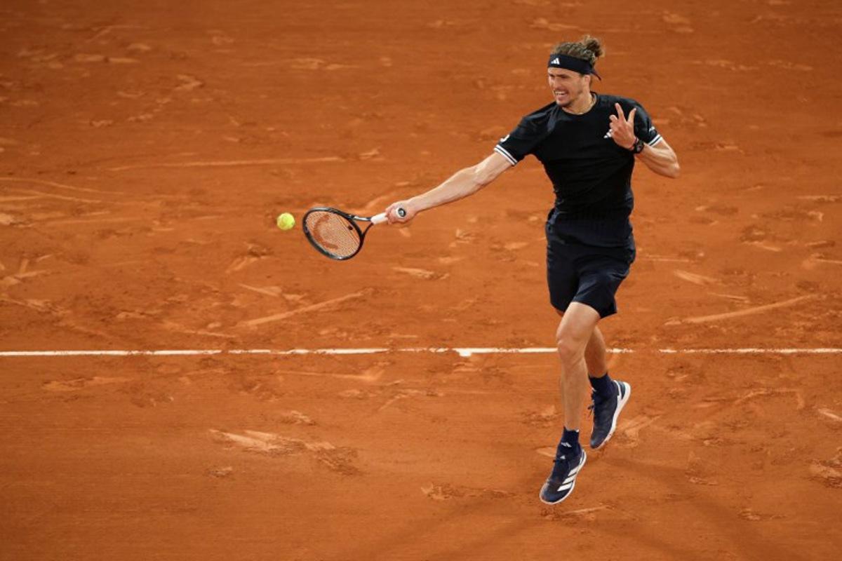 Germany's Alexander Zverev plays a forehand return to Spain's Rafael Jodar during their men's quarter final singles match on day 10 of the French Open tennis tournament on Court Philippe-Chatrier at the Roland-Garros Complex in Paris on June 2, 2026.  Alain JOCARD / AFP