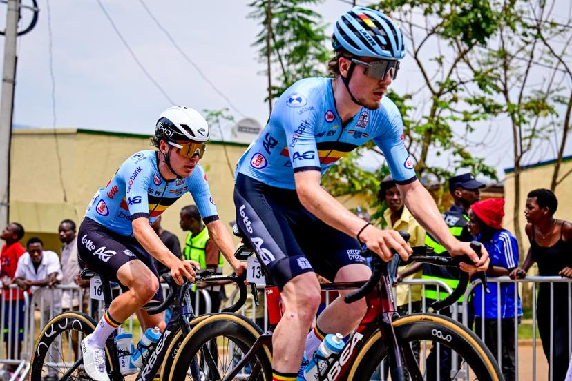 Belgian Jarno Widar and Belgian Kamiel Eeman pictured in action during the u23 men road race (164,6 km) at the cycling road World Championships in Kigali, Rwanda, Friday 26 September 2025. The 2025 UCI Road World Championships take place from 21 to 28 September in Kigali, Rwanda. BELGA PHOTO DIRK WAEM