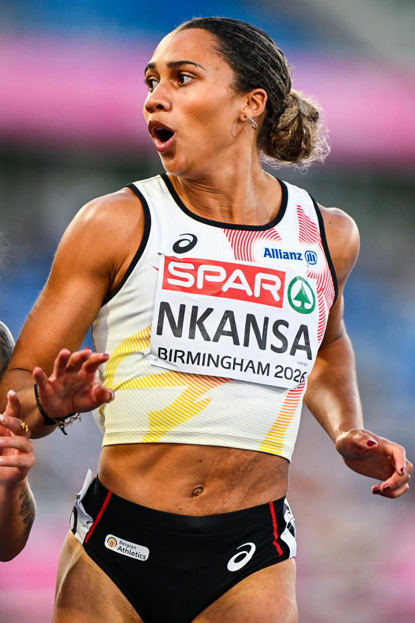 Belgian Delphine Nkansa reacts as she finishes second and qualify for the final during the semi-finals of the women's 100m race at the European Athletics Championships (August 10-18) in Birmingham, United Kingdom, on Monday 10 August 2026. BELGA PHOTO ERIC LALMAND