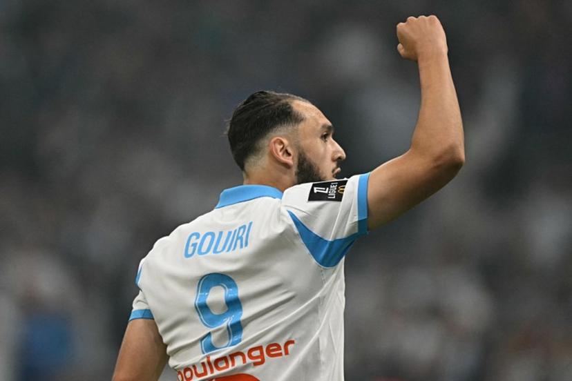 Marseille's Algerian forward #09 Amine Gouiri celebrates scoring his team's second goal during the French L1 football match between Olympique de Marseille (OM) and Stade Rennais FC at the Stade Velodrome in Marseille, southern France, on May 17, 2026.  Gabriel BOUYS / AFP