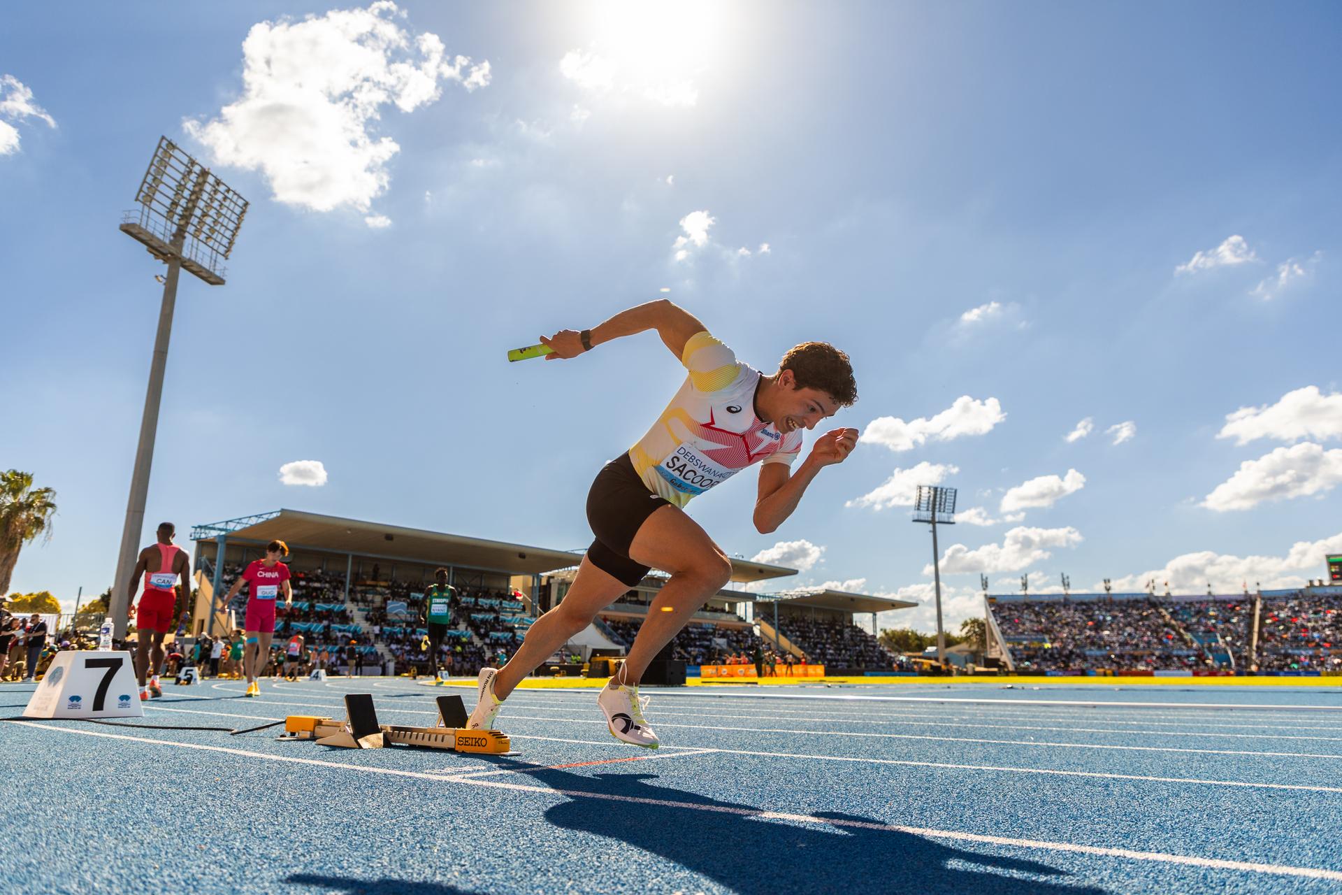 Belgian Jonathan Sacoor pictured at the Mixed 4x400m relay at the IAAF World Athletics Relays, Sunday 03 May 2026, in Gaborone, Botswana. BELGA PHOTO NIKOLA KRSTIC