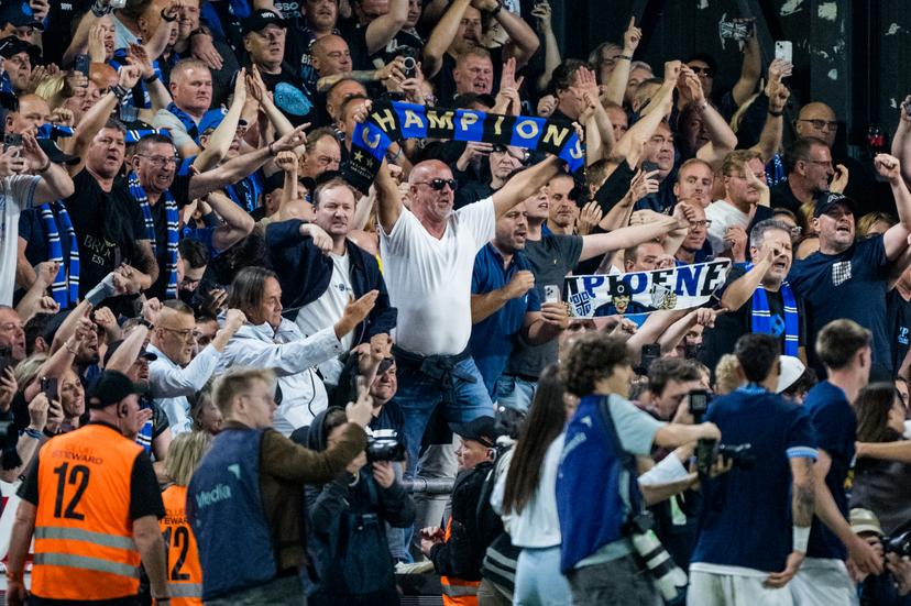 Club's players celebrate after winning a soccer match between KV Mechelen and Club Brugge KV, Thursday 21 May 2026 in Mechelen, on the ninth day of the Champion's Play-offs of the 2025-2026 'Jupiler Pro League' first division of the Belgian championship. BELGA PHOTO JASPER JACOBS