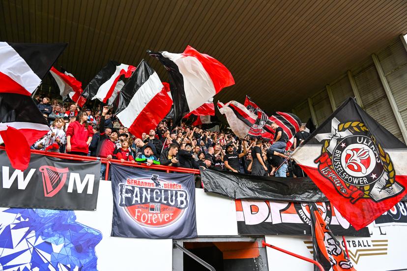 Fans and supporters of RWDM pictured during a soccer match between RWDM Molenbeek and SK Beveren, Sunday 23 October 2022 in Sint-Jans-Molenbeek-Saint-Jean, Brussels, on day 10 of the 2022-2023 'Challenger Pro League' 1B second division of the Belgian championship. BELGA PHOTO DAVID CATRY