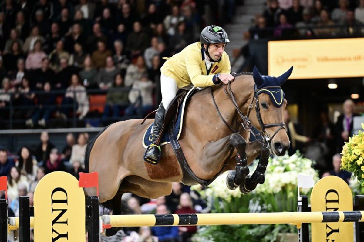 Brazil's Yuri Mansur on the horse Miss Blue-Saint Blue Farm competes during the World Cup jumping at the Gothenburg Horse Show in Scandinavium in Gothenburg, Sweden on February 23, 2025.   Bjorn LARSSON ROSVALL / TT News Agency / AFP