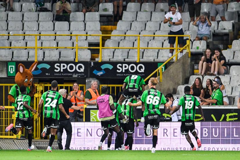 Cercle's Krys Kouassi celebrates after scoring during a soccer match between Cercle Brugge and STVV, Friday 14 August 2026 in Brugge, on day 2 of the 2026-2027 'Jupiler Pro League' first division of the Belgian championship. BELGA PHOTO TOM GOYVAERTS