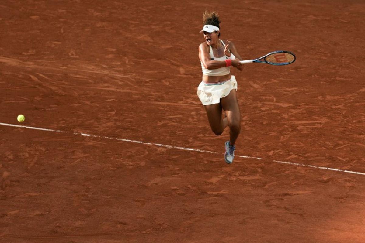 Egypt's Mayar Sherif plays a forehand return to US Coco Gauff during their women's singles match on day 5 of the French Open tennis tournament on Court Suzanne-Lenglen at the Roland-Garros Complex in Paris on May 28, 2026.  Dimitar DILKOFF / AFP