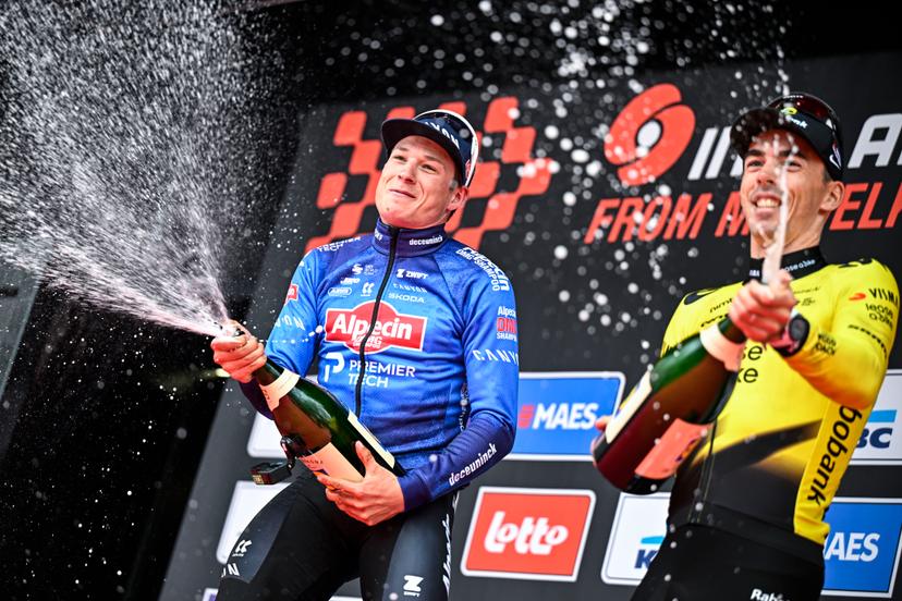 Belgian Jasper Philipsen of Alpecin-Premier Tech celebrates on the podium after winning the men elite 'Middelkerke-Wevelgem - In Flanders Fields' one day cycling race, 240.8 km from Middelkerke to Wevelgem, on Sunday 29 March 2026. BELGA PHOTO JASPER JACOBS
