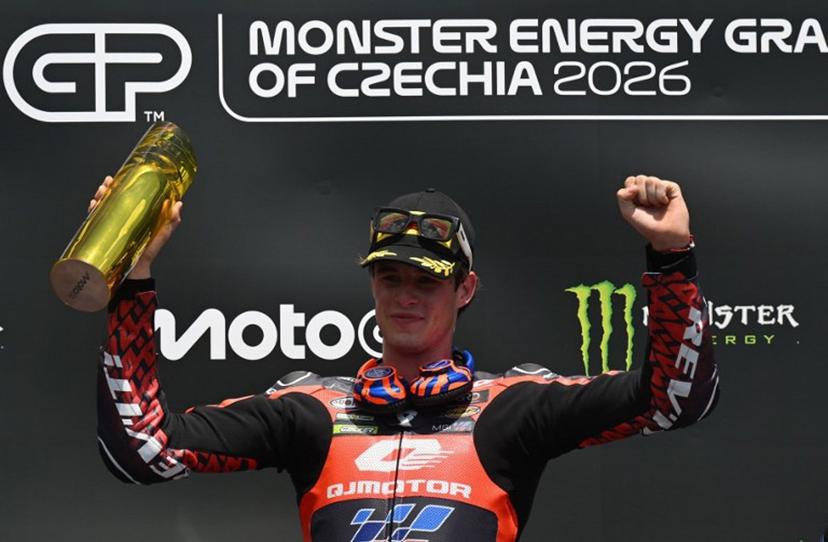 Team MT Helmets - MSi's Ivan Ortola celebrates on the podium after winning the Moto2 event prior to the MotoGP Grand Prix of Czechia in Brno, Czech Republic, on June 21, 2026.  Michal Cizek / AFP