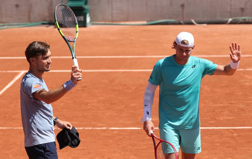 Belgian Raphael Collignon and Belgian Zizou Bergs celebrate winning their match at a first round match in the men's doubles between Belgian pair Bergs-Collignon and Belgian-Dutch pair Gille-Verbeek at the Roland Garros French Open tennis tournament, in Paris, France, Tuesday 26 May 2026. This year's tournament takes place from 18 May to 07 June. BELGA PHOTO VIRGINIE LEFOUR