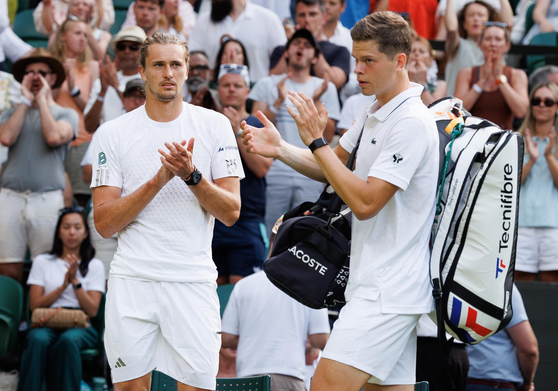 German Alexander Zverev applaud Belgian Alexander Blockx after winning a first round game between Belgian Blockx and German Zverev in the Men's singles at the Wimbledon grand slam tennis tournament in London, Britain, Tuesday 30 June 2026. BELGA PHOTO BENOIT DOPPAGNE