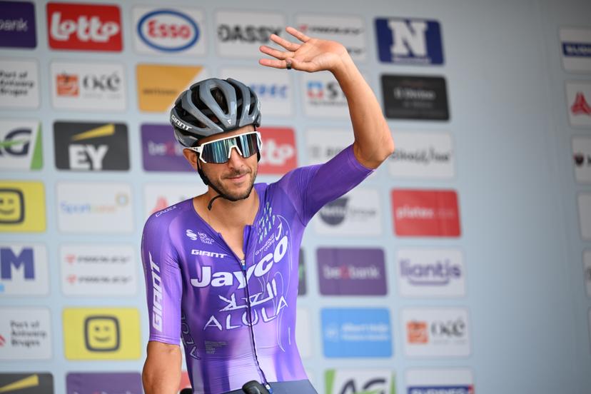 Belgian Dries De Bondt of Team Jayco-AIUIa pictured at the start of the men's elite race (240km) of the Belgian Cycling Championships, from the Grote Markt square in Antwerp to Brasschaat on Sunday 28 June 2026. BELGA PHOTO MAARTEN STRAETEMANS