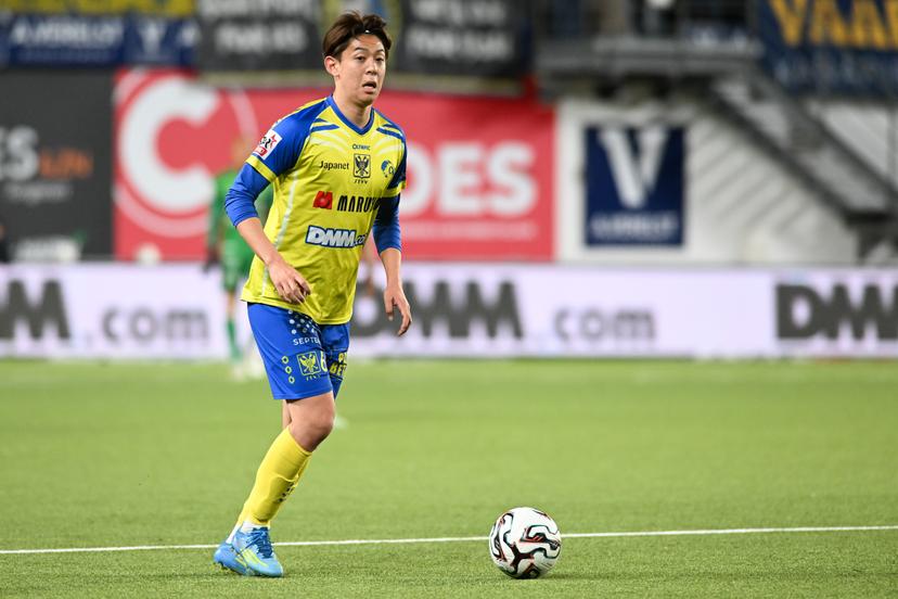 STVV's Rihito Yamamoto pictured in action during a soccer match between Sint-Truiden VV and KAA Gent, Saturday 16 May 2026 in Sint-Truiden, on the eight day of the Champion's Play-offs of the 2025-2026 'Jupiler Pro League' first division of the Belgian championship. BELGA PHOTO JILL DELSAUX