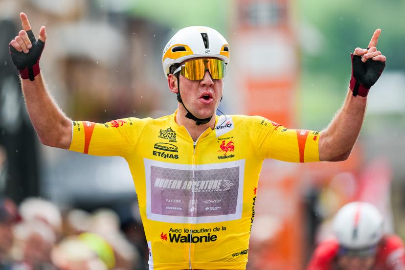 New Zealander Ben Oliver of Modern Adventure Pro Cycling celebrates as he crosses the finish line to win the fifth stage of the Tour De Wallonie cycling race, from Bassenge to Aubel (176,4 km), on Friday 05 June 2026. BELGA PHOTO DAVID PINTENS