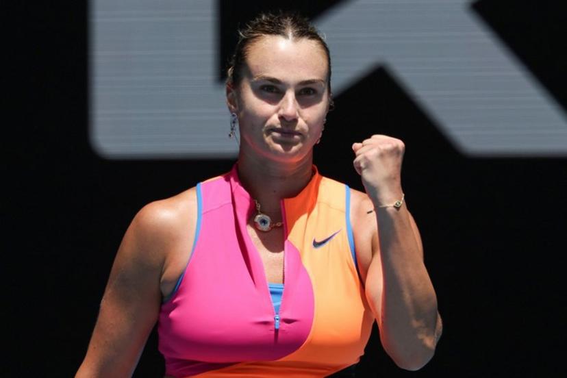 Belarus' Aryna Sabalenka celebrates after victory against Canada's Victoria Mboko during their women's singles match on day eight of the Australian Open tennis tournament in Melbourne on January 25, 2026.  DAVID GRAY / AFP