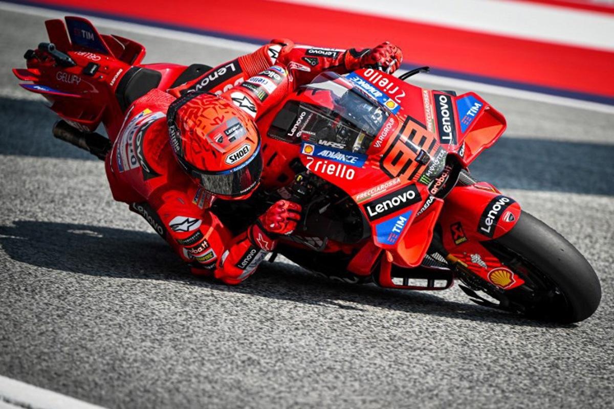 Ducati Lenovo team's Spanish rider Marc Marquez drives during the second free practice session ahead of the Austrian MotoGP Grand Prix at the Red Bull Ring race track in Spielberg, Austria, on August 16, 2025.   Jure Makovec / AFP