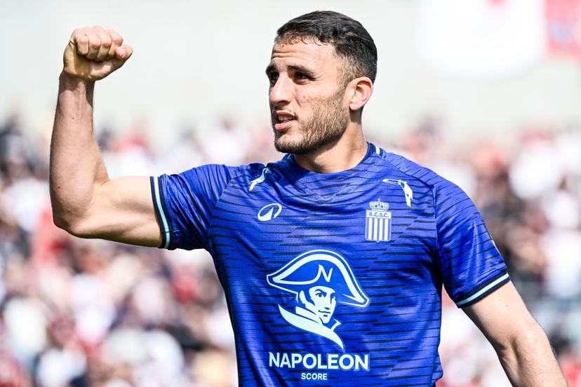 Charleroi's Yacine Titraoui celebrates after scoring during a soccer match between Royal Antwerp FC and Sporting Charleroi, Sunday 10 May 2026 in Antwerp, on the seventh day of the Europe Play-offs (PO2) of the 2025-2026 'Jupiler Pro League' first division of the Belgian championship. BELGA PHOTO TOM GOYVAERTS
