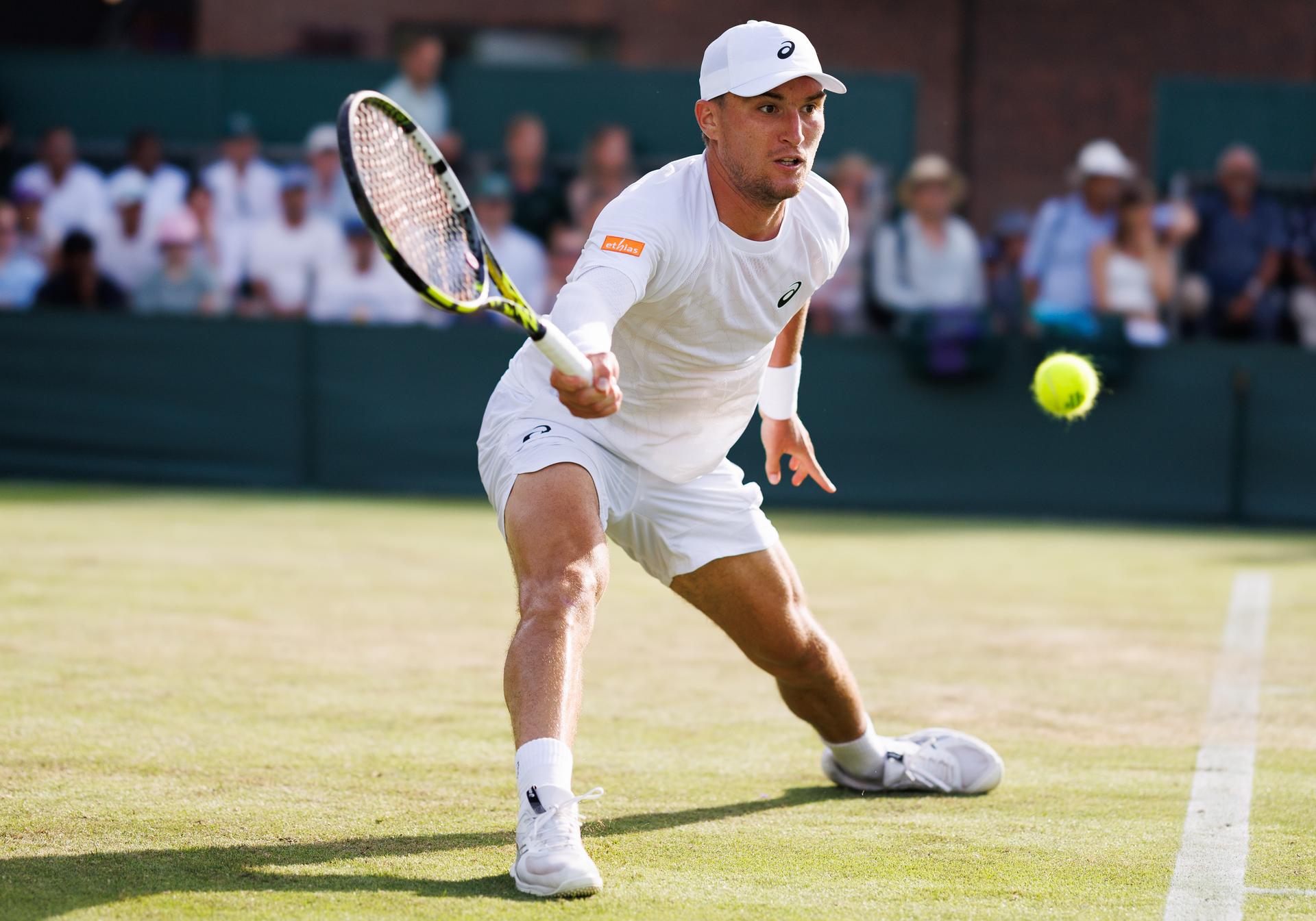 Belgian Raphael Collignon pictured in action during a tennis match between Belgian Collignon and Croatian Cilic, in the first round of the men's singles at the 2025 Wimbledon grand slam tournament, Tuesday 01 July 2025 at the All England Tennis Club, in South-West London, Britain. BELGA PHOTO BENOIT DOPPAGNE