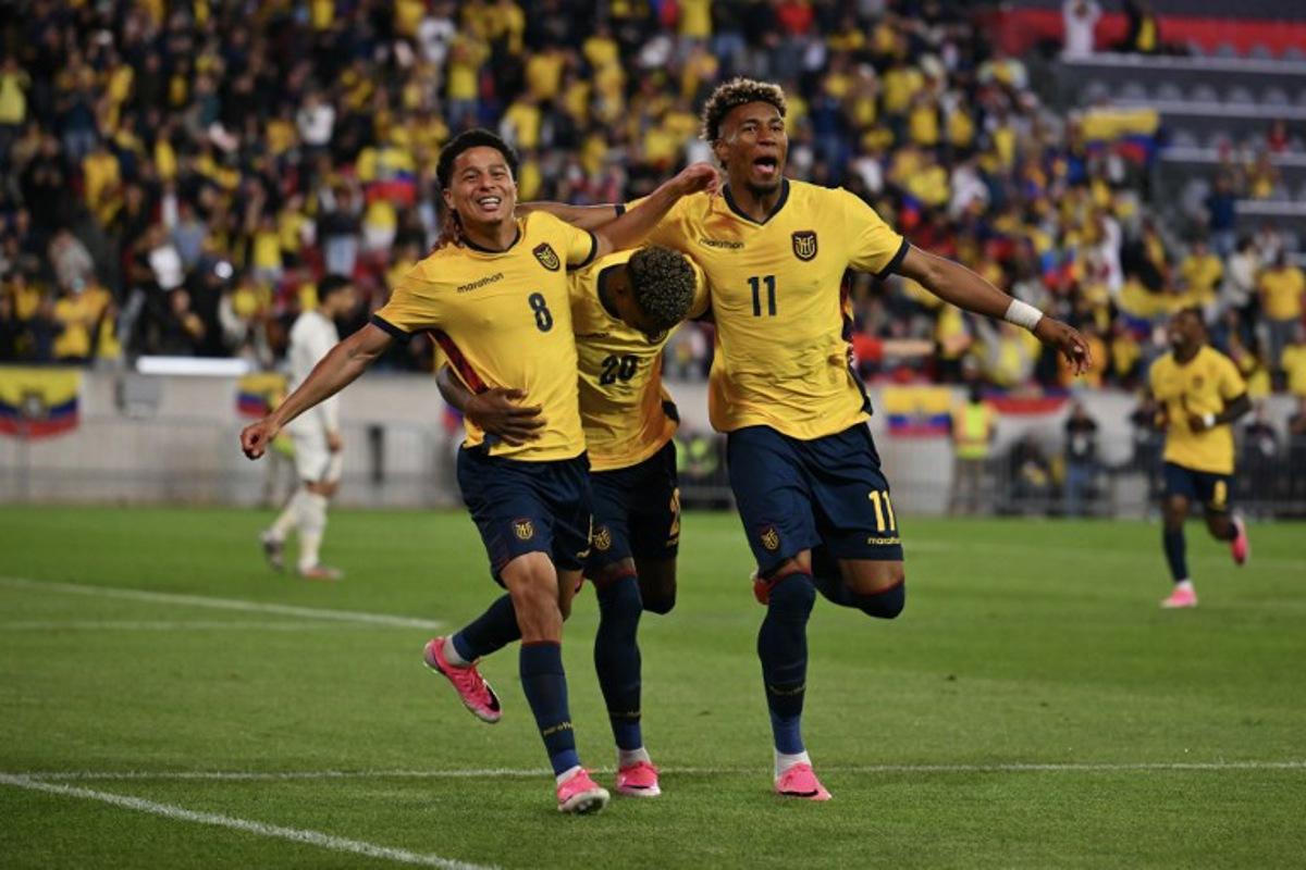 Ecuador's forward #08 Anthony Valencia, Ecuador's forward #20 Nilson Angulo and Ecuador's forward #11 Kevin Rodriguez celebrate after Valencia scored Ecuador's second goal during a friendly football match between Ecuador and Saudi Arabia at Sports Illustrated Stadium, in Harrison, New Jersey, on May 30, 2026.   ANGELA WEISS / AFP