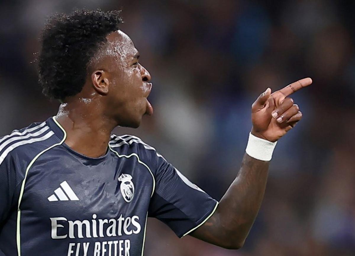 Real Madrid's Brazilian forward #07 Vinicius Junior gestures during the Spanish league football match between RCD Espanyol and Real Madrid CF at RCDE Stadium in Cornella de Llobregat on May 3, 2026.  Josep LAGO / AFP