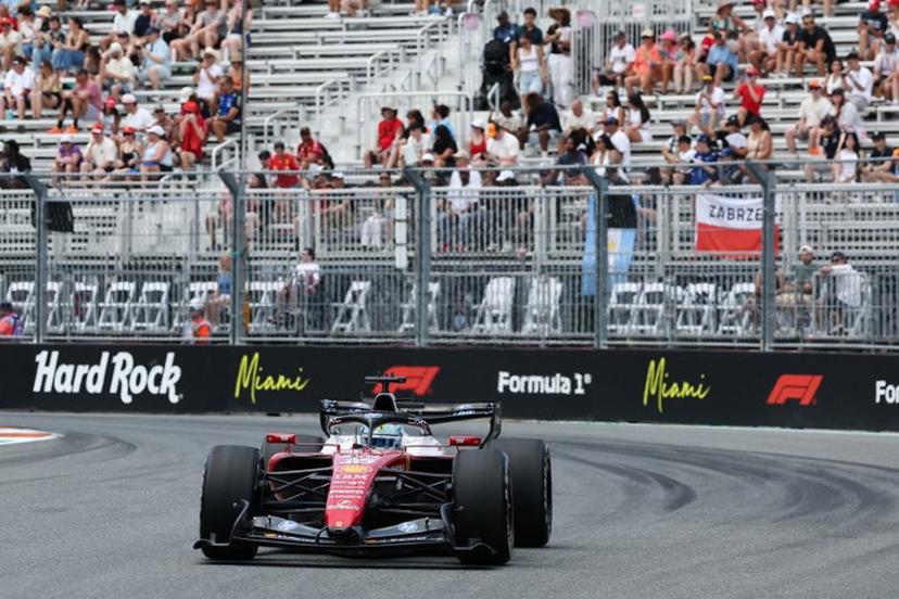 Ferrari's Monegasque driver Charles Leclerc races during a practice session for the 2026 Miami Formula One Grand Prix at Miami International Autodrome in Miami Gardens, Florida, on May 1, 2026.   CHARLY TRIBALLEAU / AFP