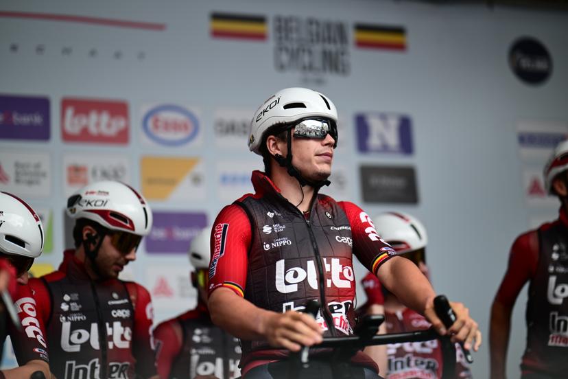 Belgian Arnaud De Lie (C) and his teammates of Lotto-Intermarche pictured at the start of the men's elite race (240km) of the Belgian Cycling Championships, from the Grote Markt square in Antwerp to Brasschaat on Sunday 28 June 2026. BELGA PHOTO TOM GOYVAERTS
