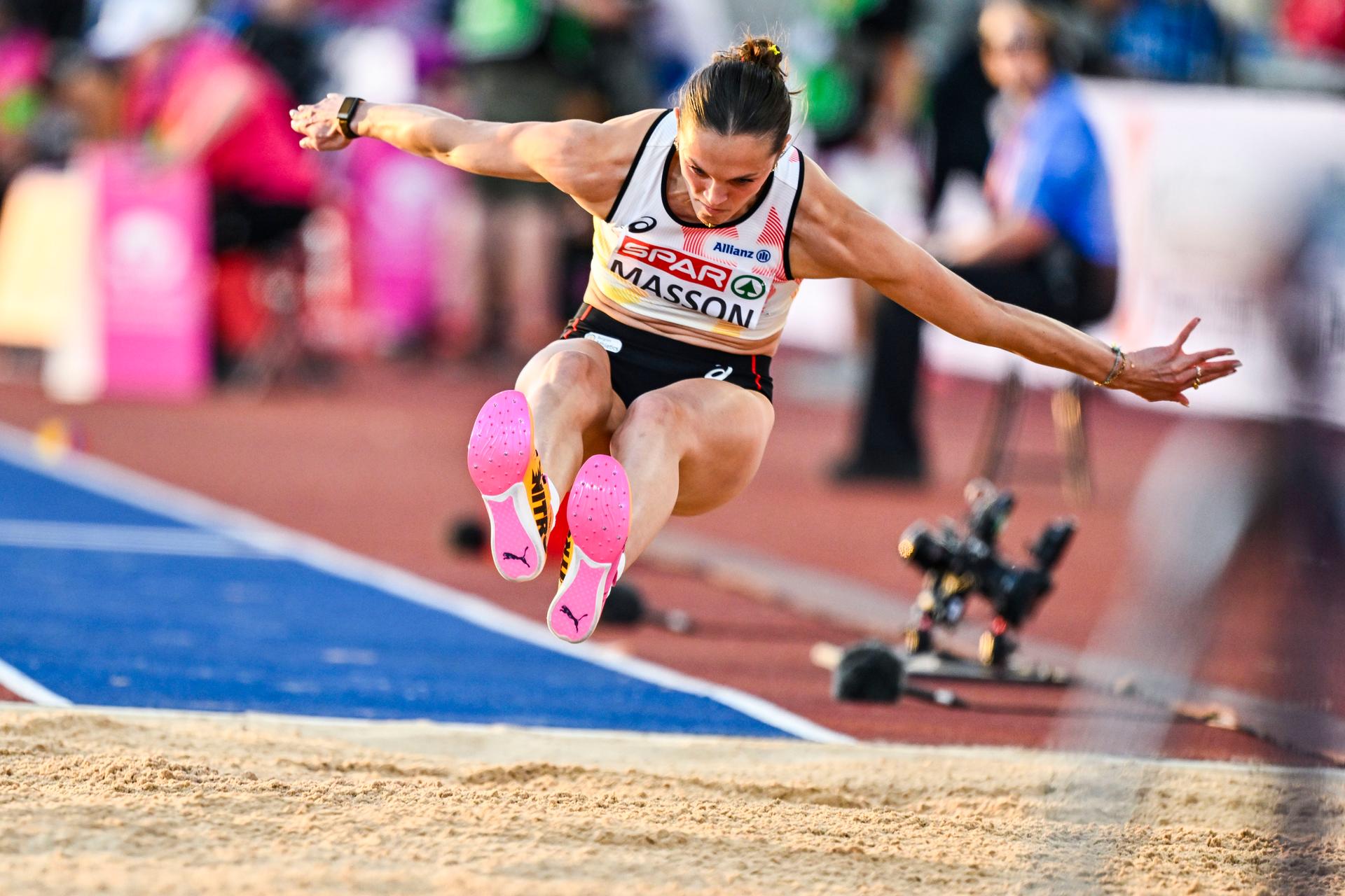 Belgian Ilona Masson pictured in action during the qualifications of the women's triple jump event at the European Athletics Championships (August 10-18) in Birmingham, United Kingdom, on Monday 10 August 2026. BELGA PHOTO ERIC LALMAND