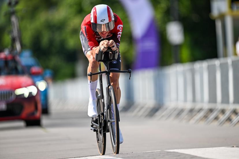 Belgian Toon Aerts of Lotto-Intermarche pictured in action during the men's elite individual road time trial race (41,5km) at the Belgian Cycling Championships, in Maarkedal, on Friday 26 June 2026. BELGA PHOTO DAVID PINTENS
