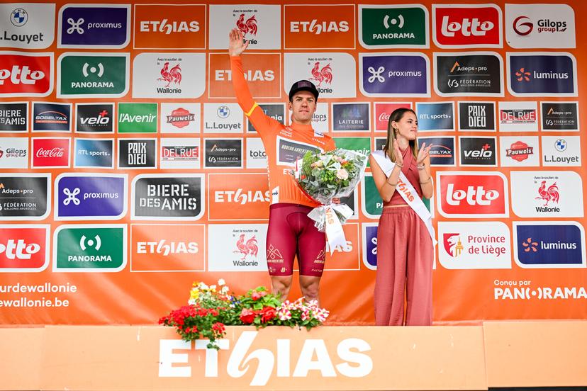 New Zealander Ben Oliver of Modern Adventure Pro Cycling celebrates on the podium after winning the fifth stage of the Tour De Wallonie cycling race, from Bassenge to Aubel (176,4 km), on Friday 05 June 2026. BELGA PHOTO DAVID PINTENS