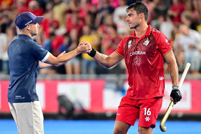 Belgium's Alexander Hendrickx and John-John Dohmen pictured after a hockey game between Belgium's Red Lions and France, the first (out of three) matches during the group stage of the men's 2026 Hockey World Cup, Saturday 15 August 2026 in Wavre. The 2026 edition of the Hockey World Cup takes place in Belgium and The Netherlands from August 15 to August 30. BELGA PHOTO DIRK WAEM