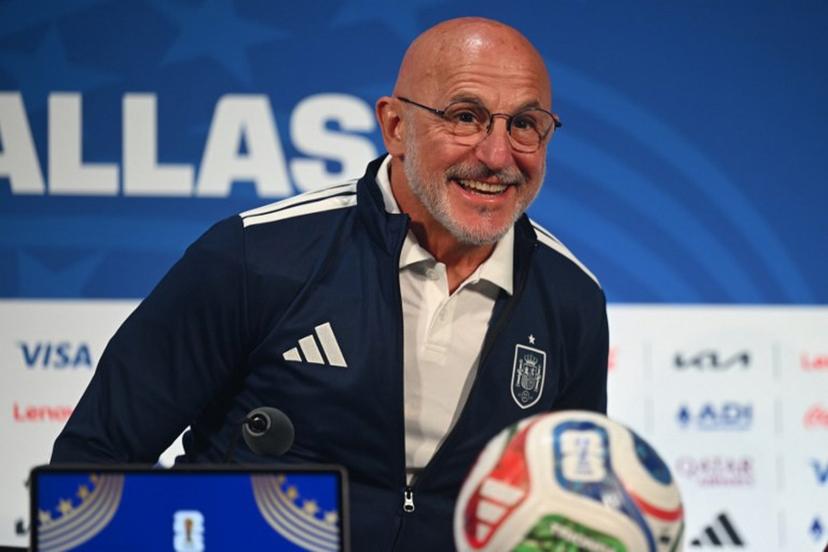 Spain's head coach Luis de la Fuente gives an MD-1 press conference at the Dallas Stadium in Arlington on July 13, 2026, on the eve of the 2026 World Cup football tournament semi-final match between France and Spain.  MAURO PIMENTEL / AFP