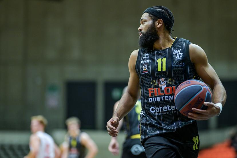 Oostende's Silas Melson pictured during a basketball match between Leuven Bears and BC Oostende, Saturday 13 December 2025 in Leuven, on day 11 of the 'BNXT League' Belgian/ Dutch first division basket championship. BELGA PHOTO DAVID PINTENS