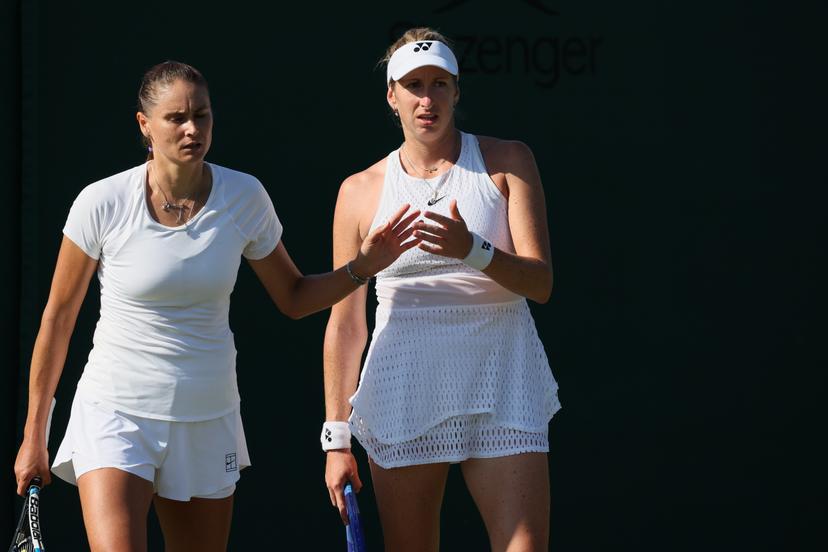 Alexandra Panova and Belgian Magali Kempen pictured at a tennis match between Belgian-/ pair Kempen-Panova and US-Polish pair Jovic-Linette in the first round of the Women's doubles at the Wimbledon grand slam tennis tournament in London, Britain, Thursday 02 July 2026.  BELGA PHOTO BENOIT DOPPAGNE