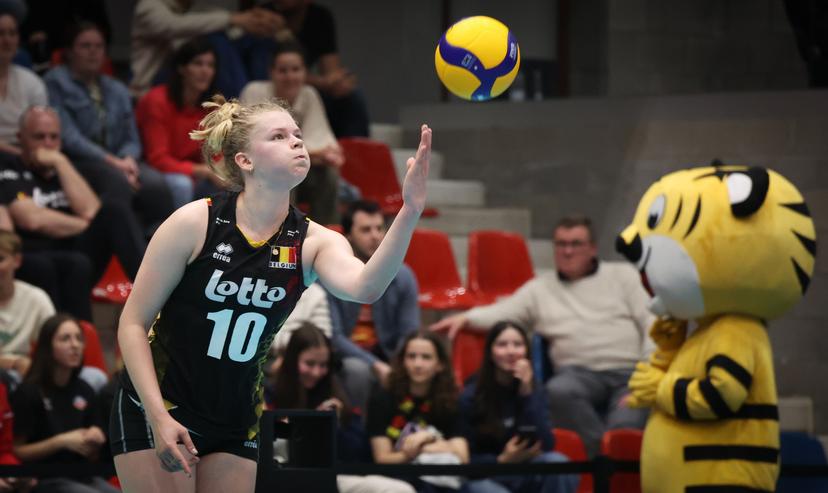 Belgium's Pauline Martin pictured in action during a volleyball match between Belgium's national women's volleyball team, the Yellow Tigers, and the Estonian national women's volleyball team, in match 3/6 of the League Round of the European Golden League women, in Beveren, Friday 24 May 2024. BELGA PHOTO VIRGINIE LEFOUR