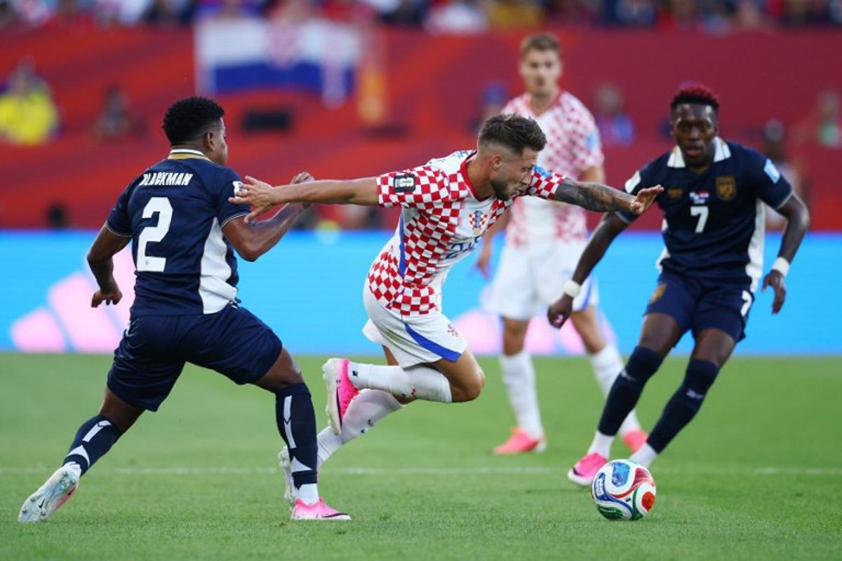 Croatia's forward #24 Marco Pasalic is fouled by Panama's defender #02 Cesar Blackman during the 2026 World Cup Group L football match between Panama and Croatia at the Toronto Stadium in Toronto on June 23, 2026.   Cole Burston / AFP