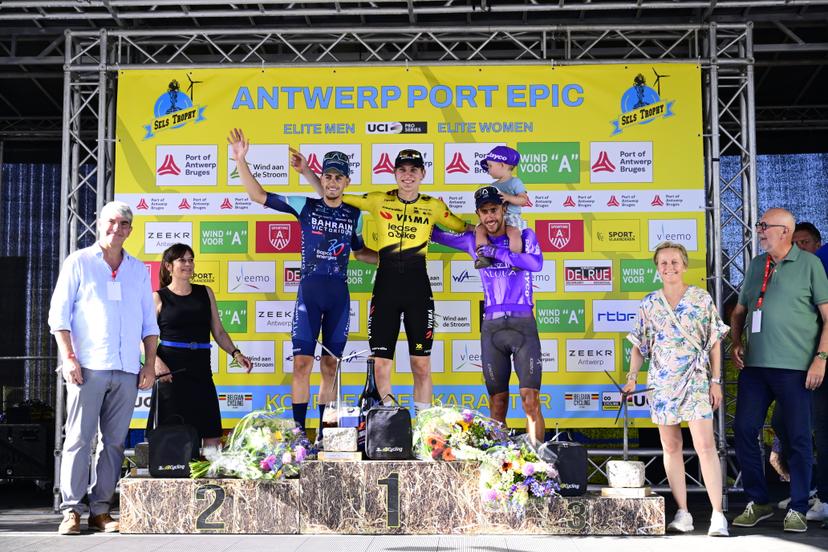 Norwegian Per Strand Hagenes of Team Visma-Lease a Bike, Spanish Pau Miquel Delgado of Bahrain Victorious and Belgian Dries De Bondt of Team Jayco-AIUIa pictured on the podium after the 'Antwerp Port Epic men's elite one day cycling race, 196,4 km in and around Antwerp, Monday 25 May 2026.  BELGA PHOTO TOM GOYVAERTS