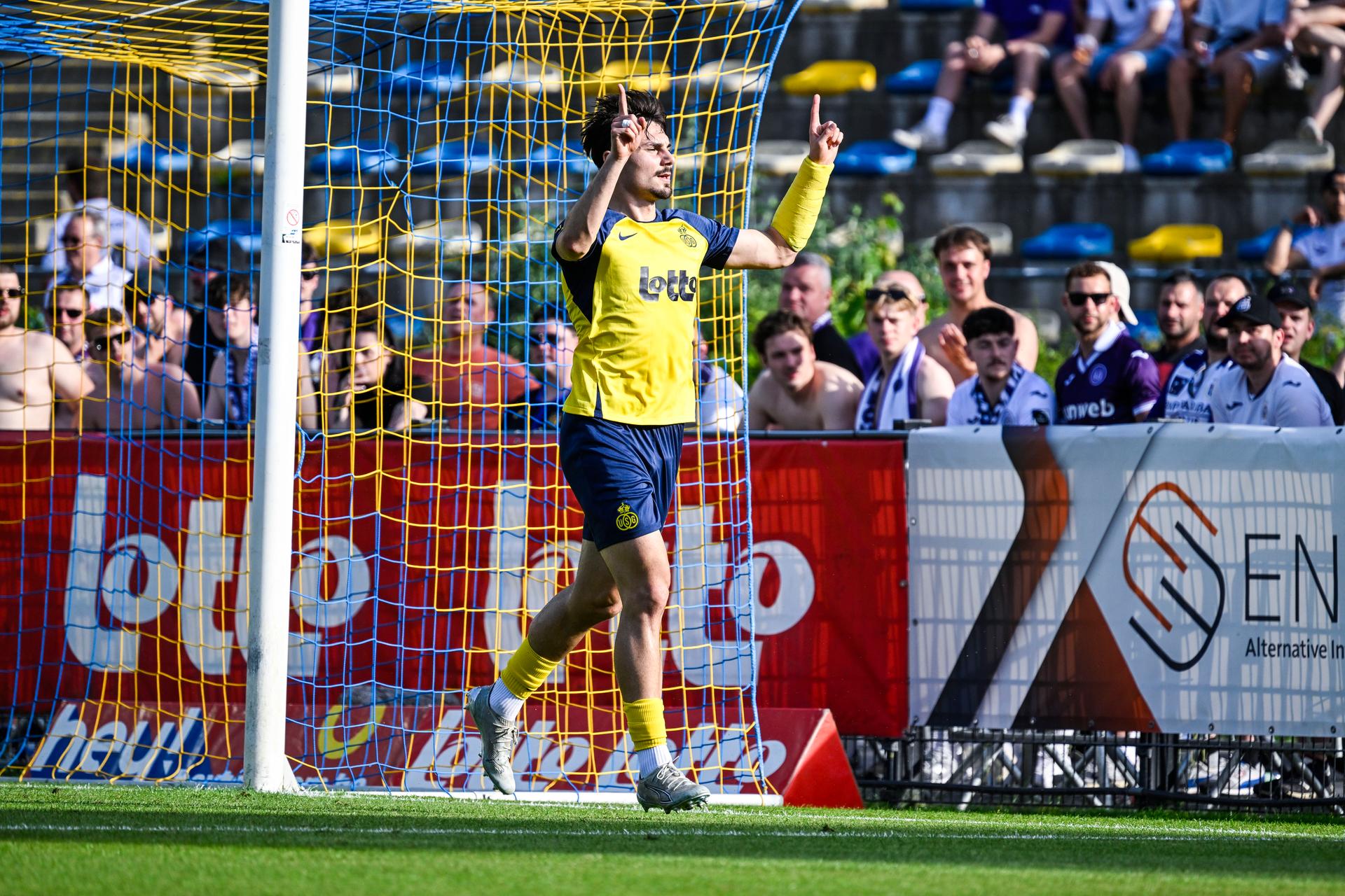 Union's Mateo Biondic celebrates after scoring during a soccer match between Royale Union Saint-Gilloise and RSC Anderlecht, Sunday 24 May 2026 in Brussels, on the last day of the Champion's Play-offs of the 2025-2026 'Jupiler Pro League' first division of the Belgian championship. BELGA PHOTO TOM GOYVAERTS
