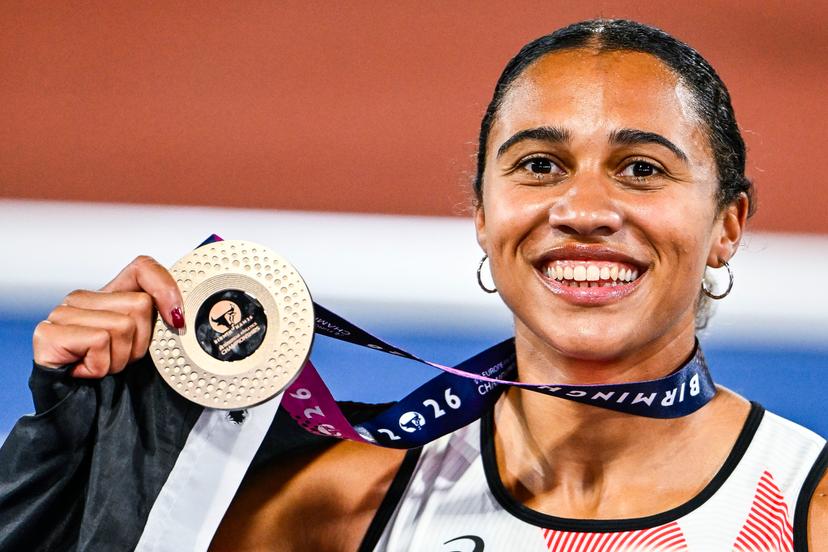 Belgian Delphine Nkansa celebrates with her bronze medal after the final of the women's 100m race at the European Athletics Championships (August 10-18) in Birmingham, United Kingdom, on Monday 10 August 2026. BELGA PHOTO ERIC LALMAND