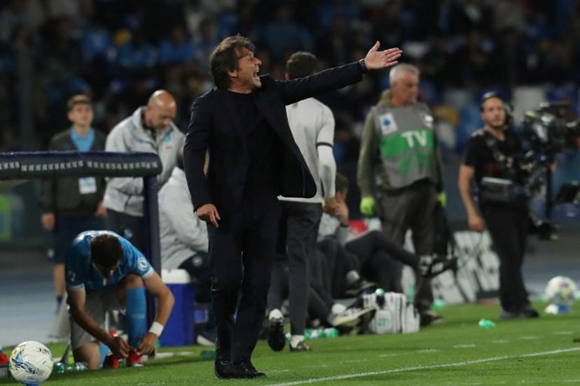 Napoli's Italian Head coach Antonio Conte gestures during the Italian Serie A football match between SSC Napoli and Bologna FC 1909 at the Diego Armando Maradona Stadium in Naples on May 11, 2026.  CARLO HERMANN / AFP