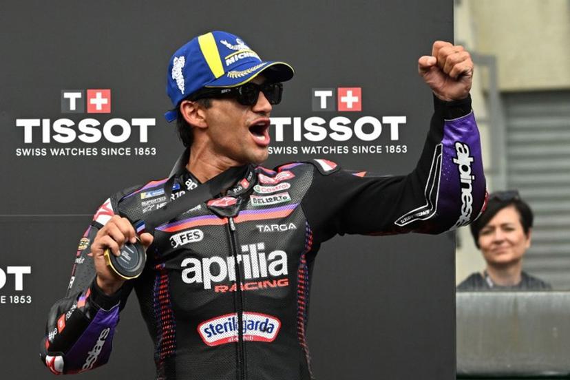 Aprilia Racing's Spanish rider Jorge Martin celebrates on the podium after winning the Moto GP Grand Prix of France Sprint race at Le Mans, northwestern France, on May 9, 2026.  Loic VENANCE / AFP