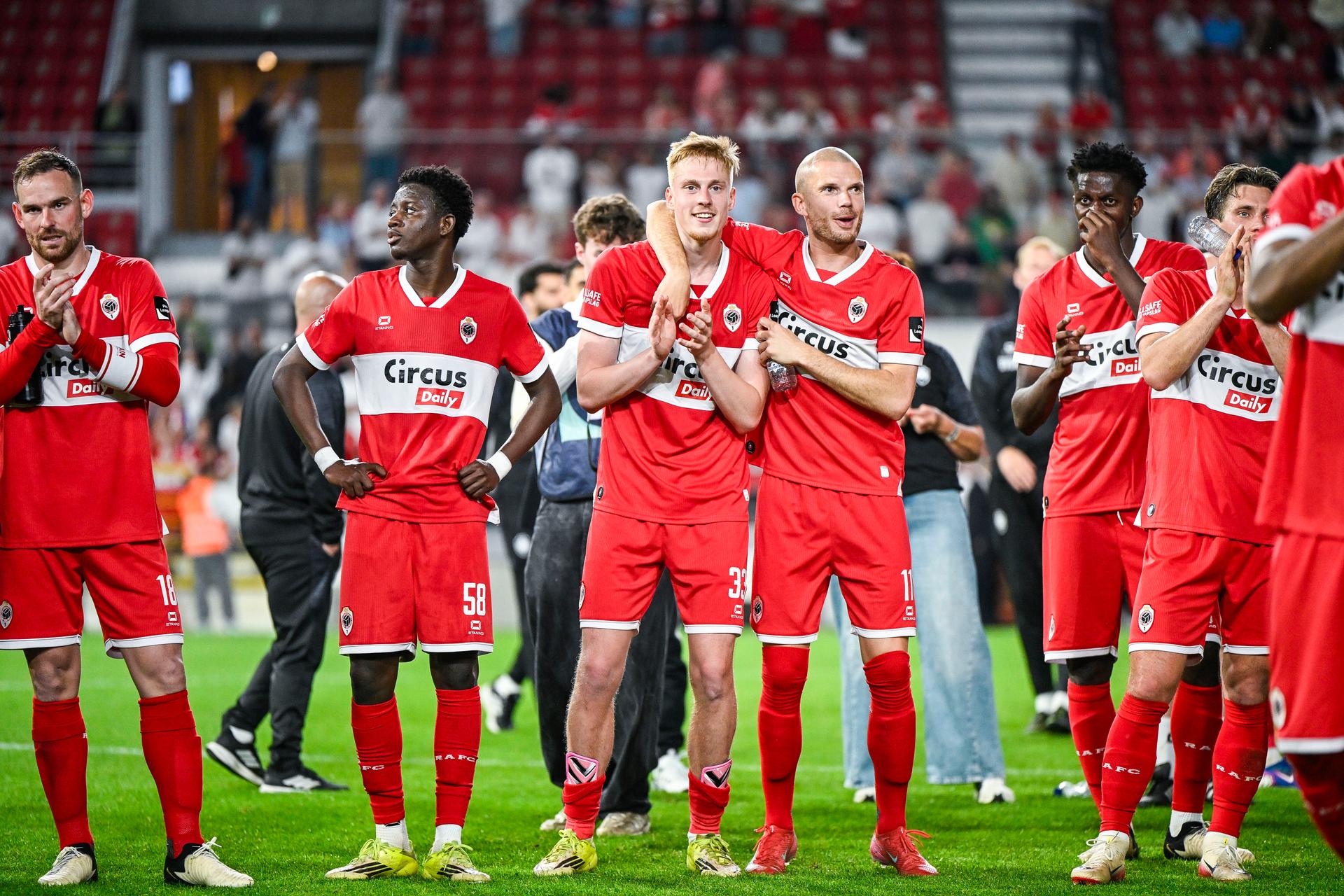 Antwerp's Zeno Van Den Bosch and Antwerp's Geoffry Hairemans celebrate after winning a soccer match between Royal Antwerp FC and KVC Westerlo, Saturday 23 May 2026 in Antwerp, on the last day of the Europe Play-offs (PO2) of the 2025-2026 'Jupiler Pro League' first division of the Belgian championship. BELGA PHOTO TOM GOYVAERTS