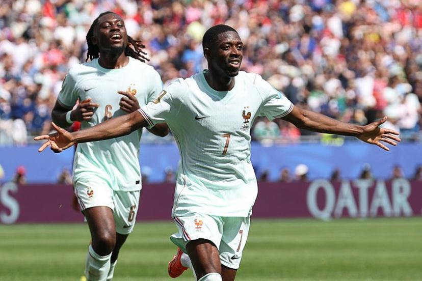 France's forward #07 Ousmane Dembele celebrates scoring his team's third goal during the 2026 World Cup Group I football match between Norway and France at the Boston Stadium in Foxborough on June 26, 2026.  FRANCK FIFE / AFP