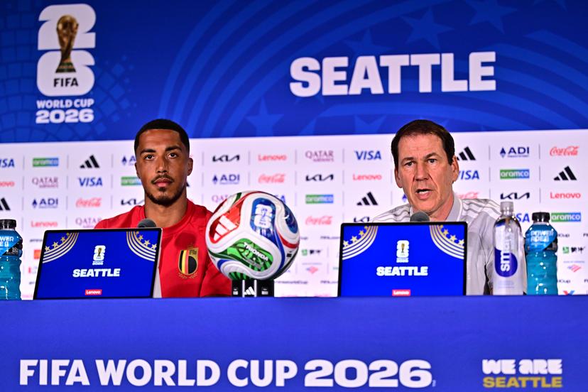 Belgium's Youri Tielemans and Belgium's head coach Rudi Garcia pictured during a press conference of Belgian national soccer team Red Devils, at the basecamp in Seattle, USA on Sunday 14 June 2026, ahead of their first game tomorrow against Egypt at the FIFA World Cup 2026. BELGA PHOTO DIRK WAEM
