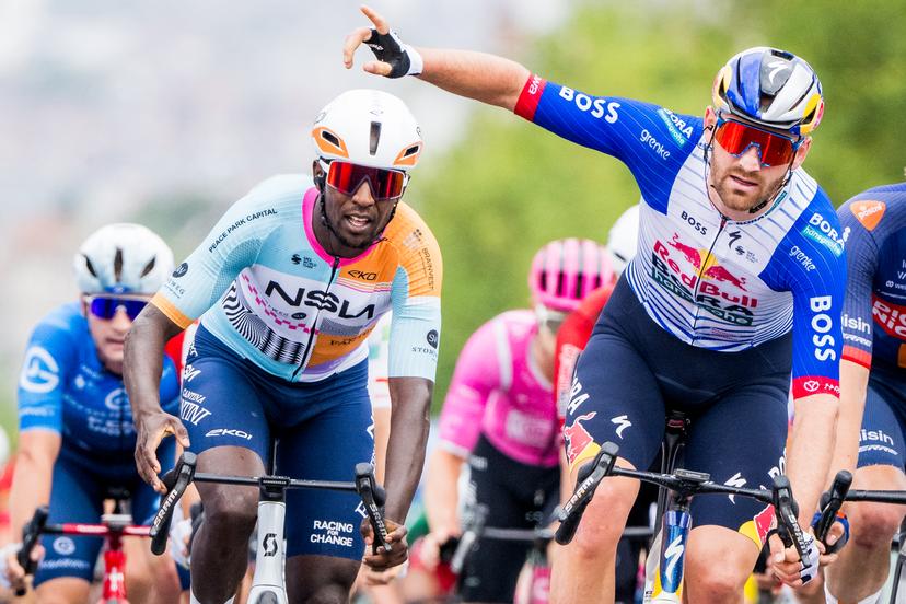 Eritrean Biniam Girmay of NSN Cycling Team, Belgian Jordi Meeus of Red Bull-BORA-hansgrohe and Belgian Milan Fretin of Cofidis sprint for the finish of the fifth stage of the Tour De Wallonie cycling race, from Bassenge to Aubel (176,4 km), on Friday 05 June 2026. BELGA PHOTO DAVID PINTENS