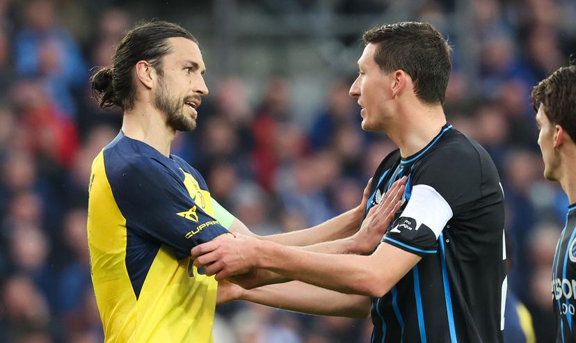 Union's Christian Burgess and Club's Hans Vanaken pictured during a game between Belgian soccer team Club Brugge KV and Royale Union Saint-Gilloise, Sunday 17 May 2026 in Brugge, on day 8 of the Champion's Play-Off (PO 1) competition of the Jupiler Pro League. BELGA PHOTO VIRGINIE LEFOUR