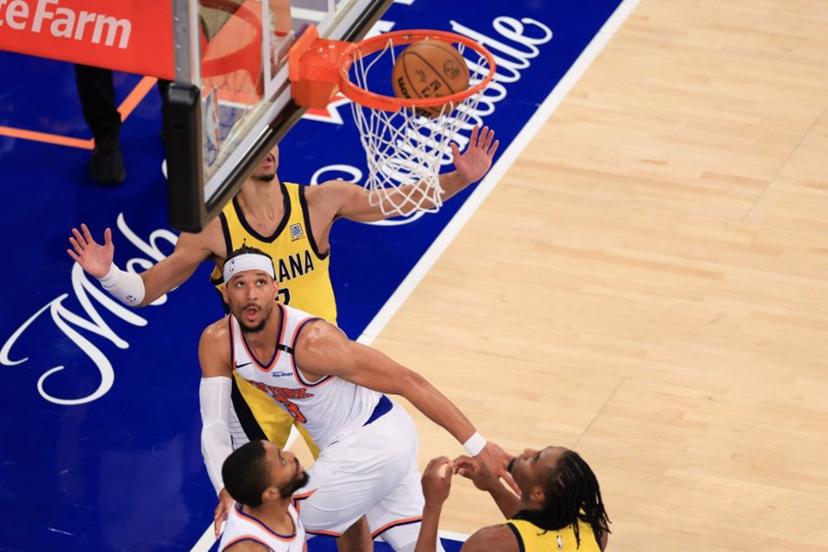 Knicks' shooting guard #03 Josh Hart (C) reacts after a basket during Game Five of the Eastern Conference Finals of the 2025 NBA Playoffs between the New York Knicks and the Indiana Pacers at Madison Square Garden in New York on May 29, 2025.  CHARLY TRIBALLEAU / AFP
