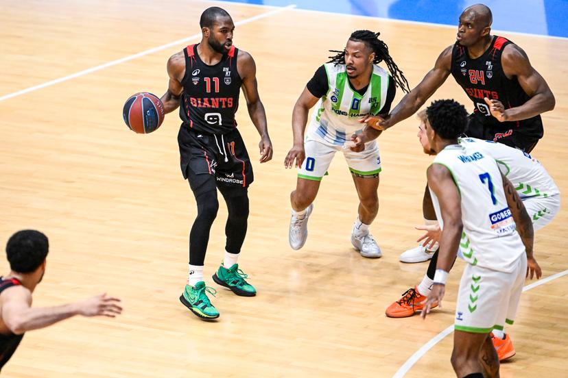 Antwerp's Joel Murray, Mons' Gregory Milton and Antwerp's Kevin Tumba pictured in action during a basketball match between Union Mons-Hainaut and Antwerp Giants, Saturday 02 May 2026 in Mons, on matchday 32/34 in the 'BNXT League' Belgian/ Dutch first division basket championship. BELGA PHOTO TOM GOYVAERTS