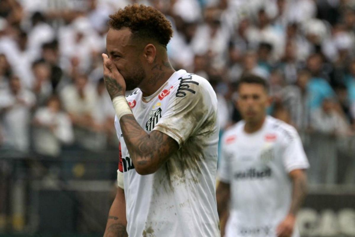 Santos' forward #10 Neymar reacts during the Brazilian league football match between Santos and Coritiba at the Neo Quimica Arena in Sao Paulo, Brazil, on May 17, 2026.  NELSON ALMEIDA / AFP