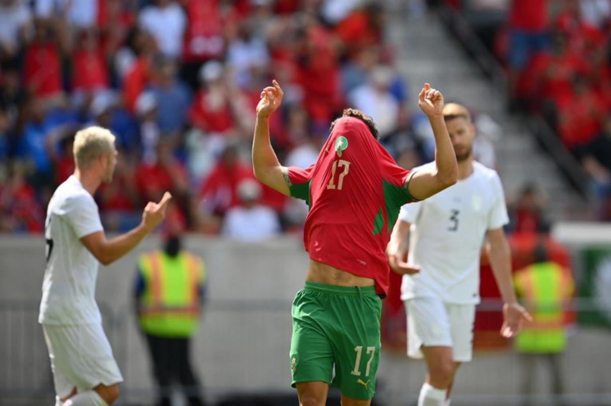 Morocco's striker #17 Abde Ezzalzouli reacts during the international friendly football match between Morocco and Norway at Sports Illustrated Stadium in Harrison, New Jersey, on June 7, 2026.  ANGELA WEISS / AFP