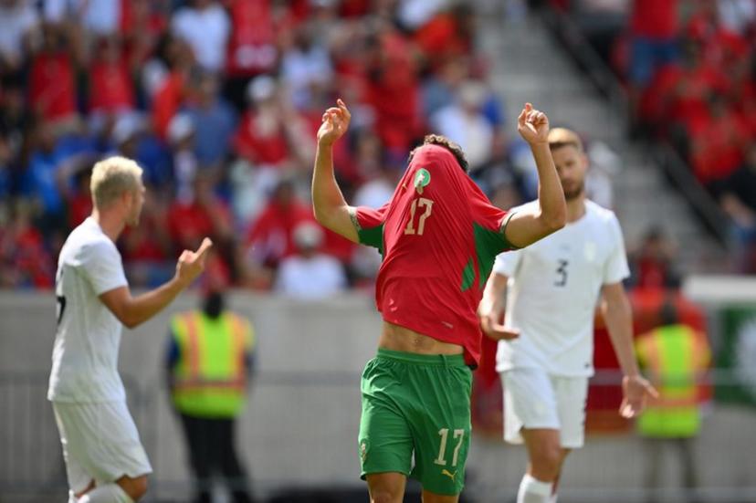 Morocco's striker #17 Abde Ezzalzouli reacts during the international friendly football match between Morocco and Norway at Sports Illustrated Stadium in Harrison, New Jersey, on June 7, 2026.  ANGELA WEISS / AFP