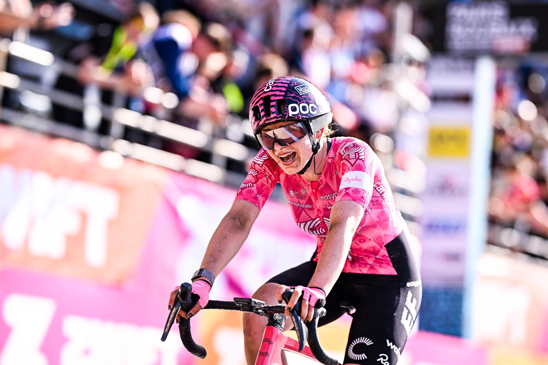 Italian Letizia Borghesi of EF Education-Oatly is second while she crosses the finish line of the women's race of the 'Paris-Roubaix' one day cycling race, 148,5 km from Denain to Roubaix, France, on Saturday 12 April 2025. BELGA PHOTO JASPER JACOBS